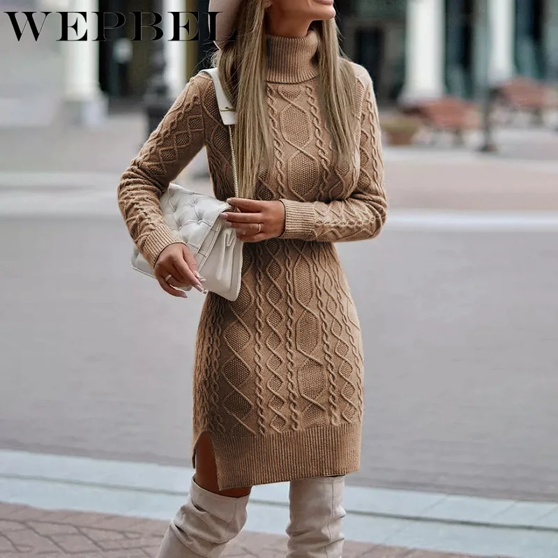 

WEPBEL Women Elegant Autumn Winter Knitted Sweater Dress Casual Ladies Solid Color Long Sleeve Turtleneck Split Bodycon Dress