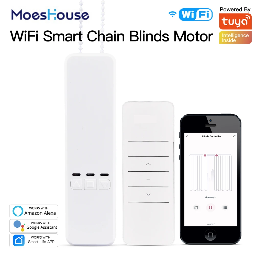 

Moeshouse Tuya WiFi Smart Motor Electric Chain Roller Blinds Shade Shutter Drive RF Remote Kit Smart Life App via Alexa/Google