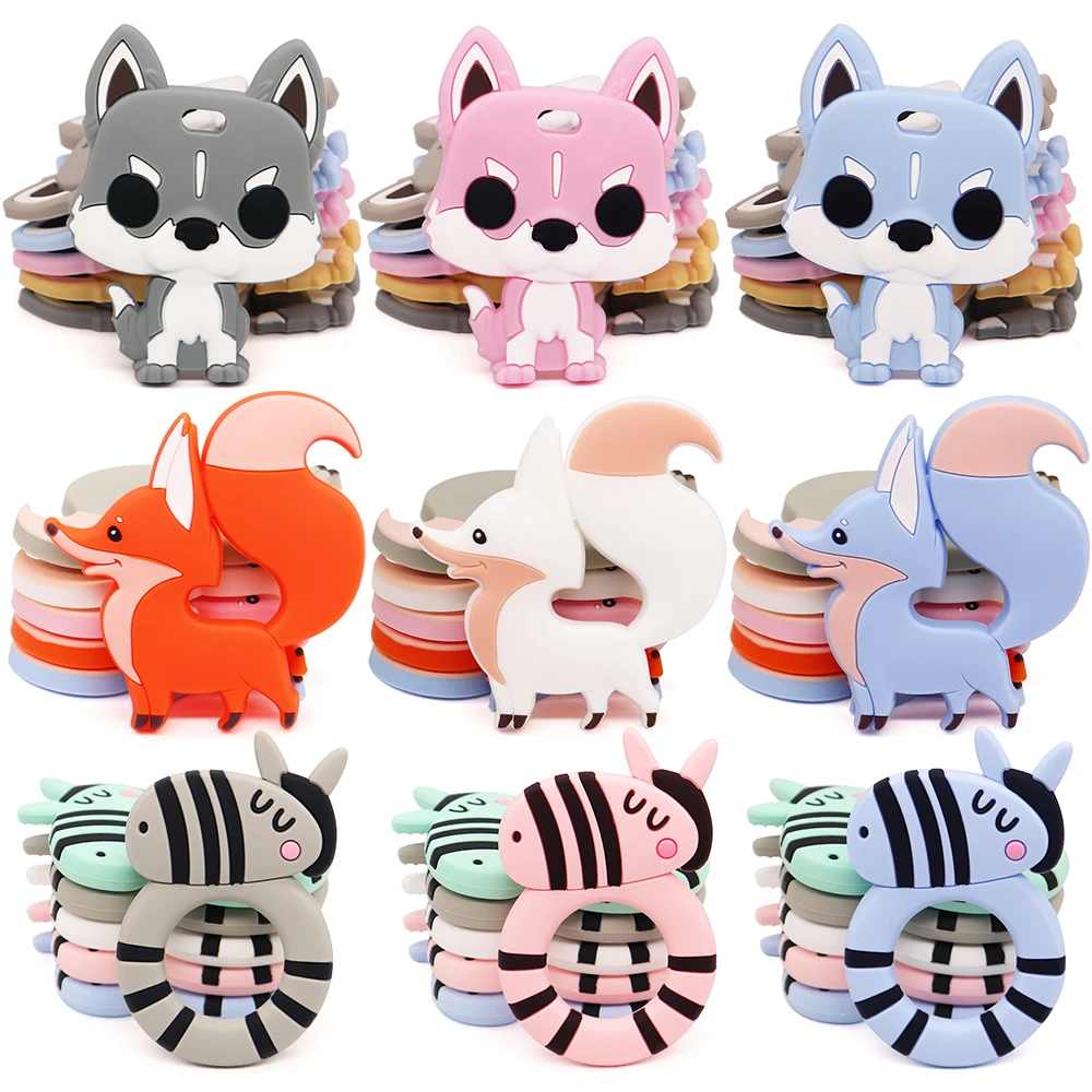 

Baby Teether Cute Design Husky Dog Zebra Fox Cartoon Animal BPA Free Silicone Teether Infant Teething Toy DIY Pacifier Chain