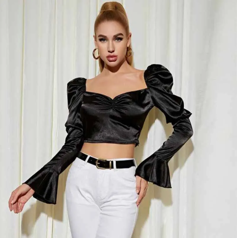 

Cultiseed Women Sexy Square Collar Strapless Hollow Waist Shirts With Flare Sleeve Female Ladies Elegant Birthday Party Blouses