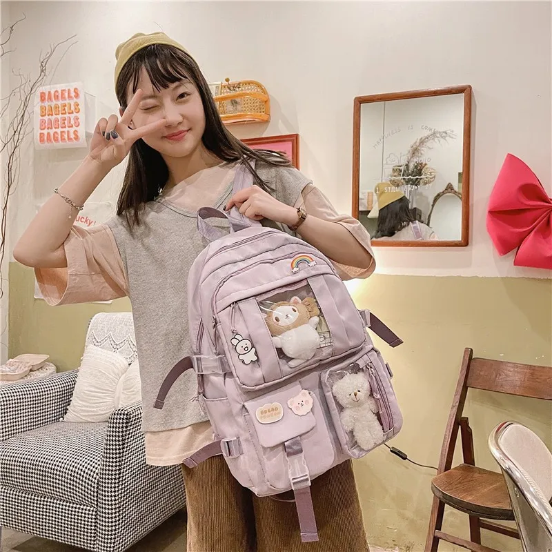 Рюкзак Kawaii Doll для женщин, модный однотонный рюкзак со множеством карманов, нейлоновые вместительные школьные рюкзаки