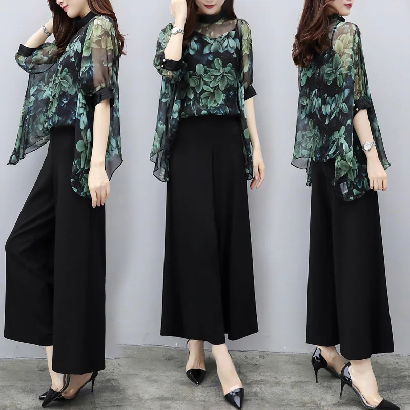 

New women's summer wear large two-piece panties Chiffon Top High Waist Wide Leg Pants casual fashion suit for women