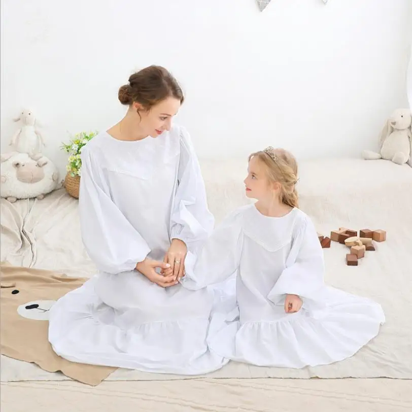 

Spring autumn new Puff sleeve cotton Parenthood sleep wear girls lace patchwork nightgown baby and mom home clothes kids ws1333