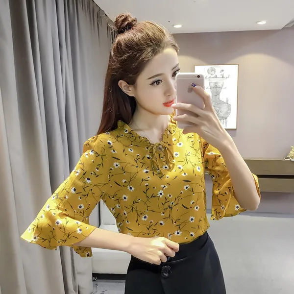 

Women Chiffon Blouse Shirts Summer Casual Floral Print Ruffles Flare Half Sleeve Lace-up Elegant Blouses Tops Blouses Woman 2020