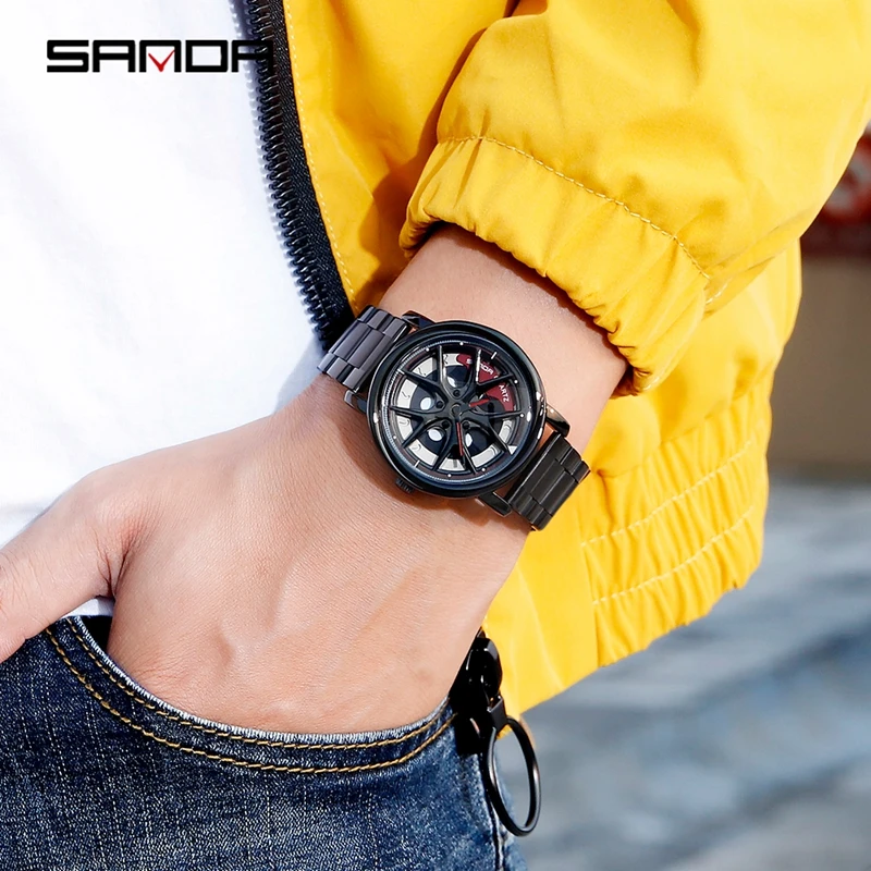 SANDA кварцевые мужские часы наручные черный браслет из нержавеющей стали модные