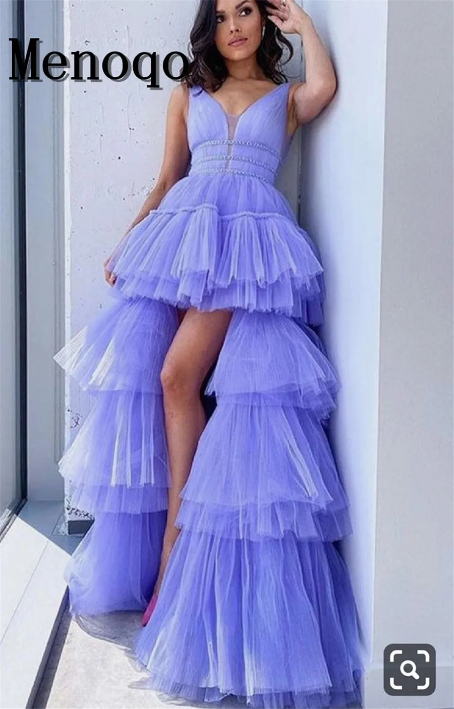 

New Princess Prom Gowns High Low Tiered Puff Tulle Long Evening Dress Deep V Neck Prom Party Dresses Custom Made robes de soirée