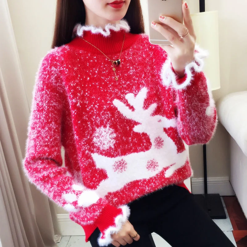

Knitted Pullover Sweater Women Long Sleeve Tops Kawaii Clothes Winter Christmas Fawn Anime Pull Jersey Pink Black Sueters Mujer