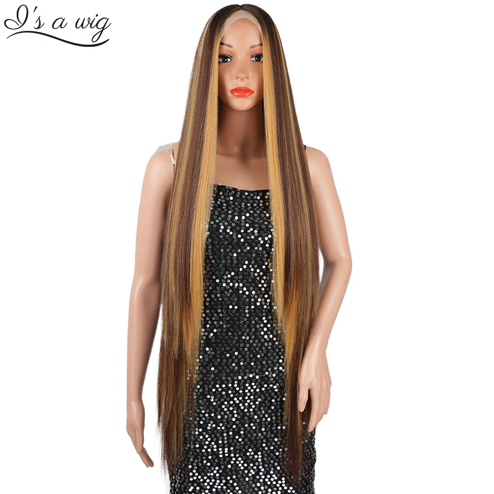 

Long Straight Lace Front Wigs for Black Women Highlight Brown Synthetic Lace Wig for Women Middle Part Brazilian Hairs I's a wig