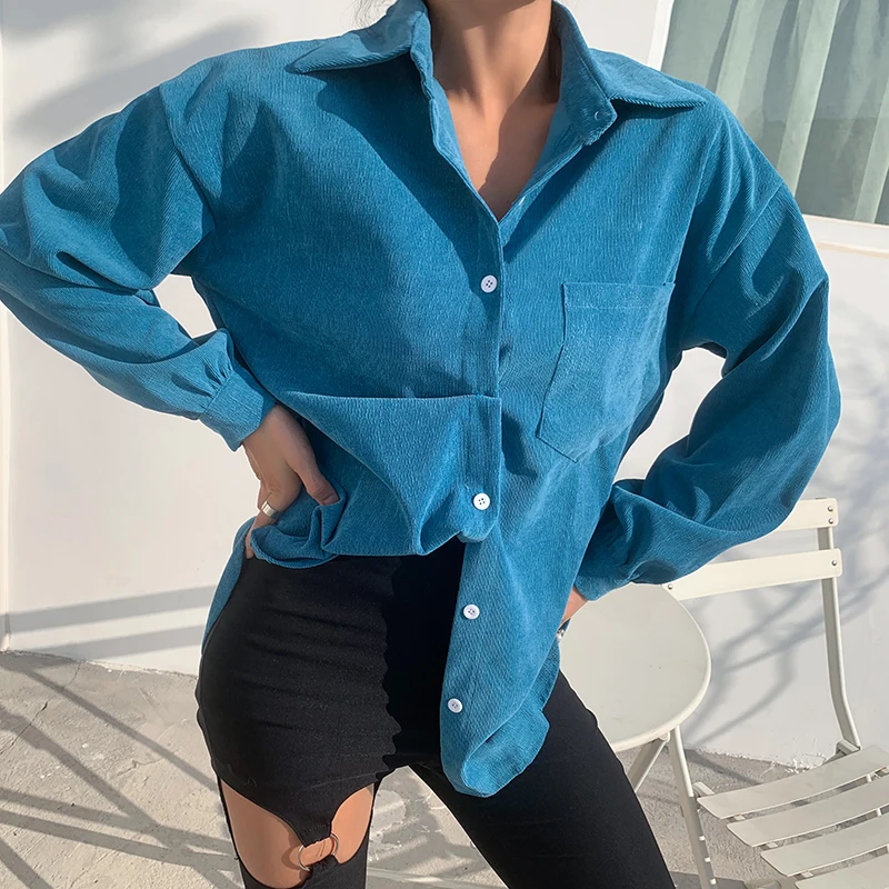 

OLOMM Simple Polo Collar Solid Color Shirt Women's 2021 European And American Ins New Fashion Pocket Slim Cardigan Shirt