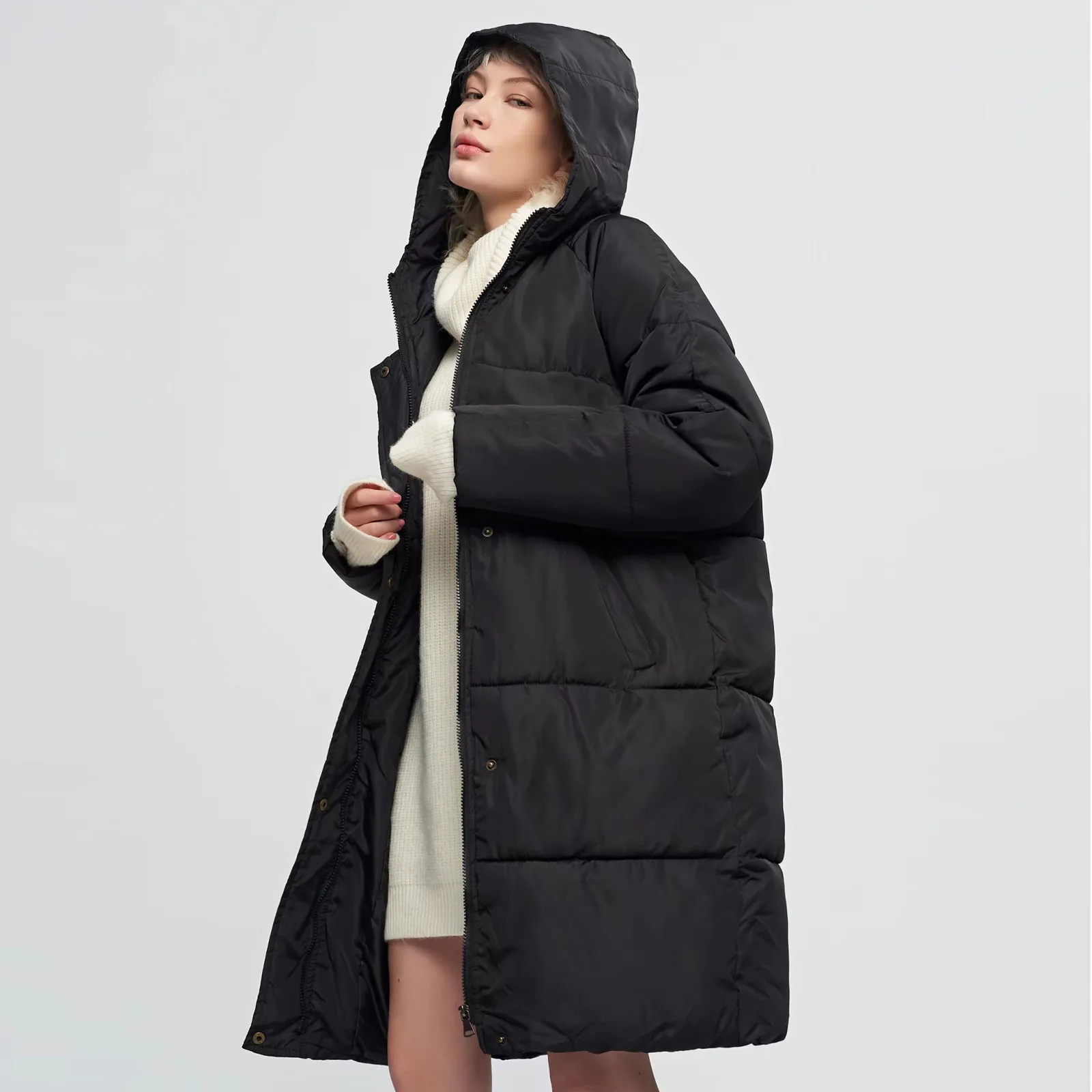 

Fashion Winter Zipper Buttons Jacket Women Long Parkas Coat Warm Thick Cotton Coat Hooded Padded Women Winter Jacket Outerwear