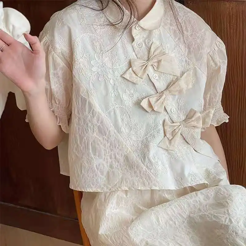 

Chinese Style Dress Woman Cheongsam Shirt Summer Sleepwear Floral Embroidery Nightie Asymmetric Placket Sets Kawaii Creamy White