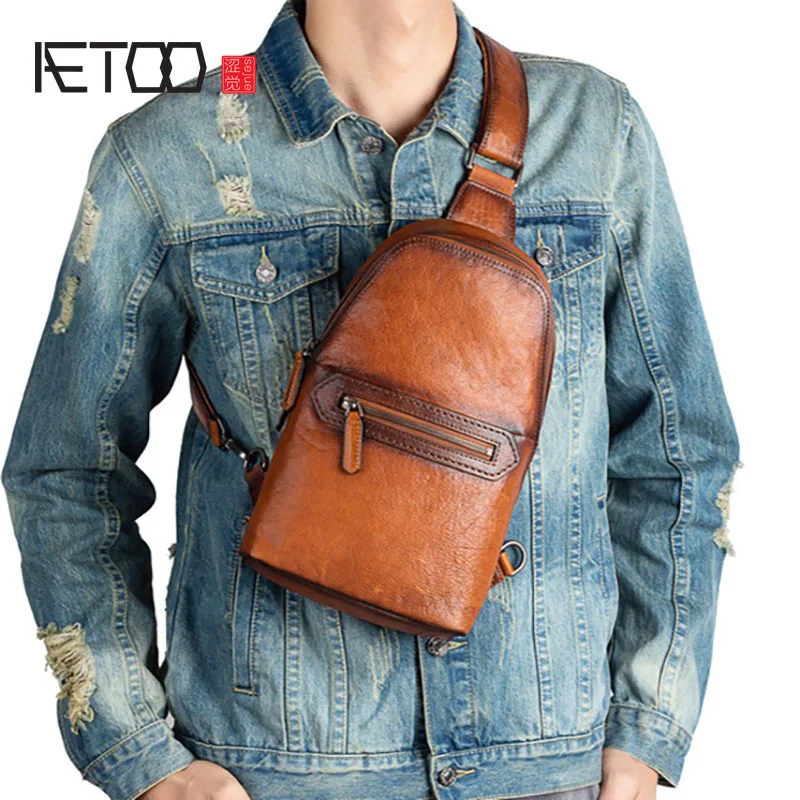 

AETOO Cowhide men's messenger bag, casual retro shoulder bag, fashionable chest bag
