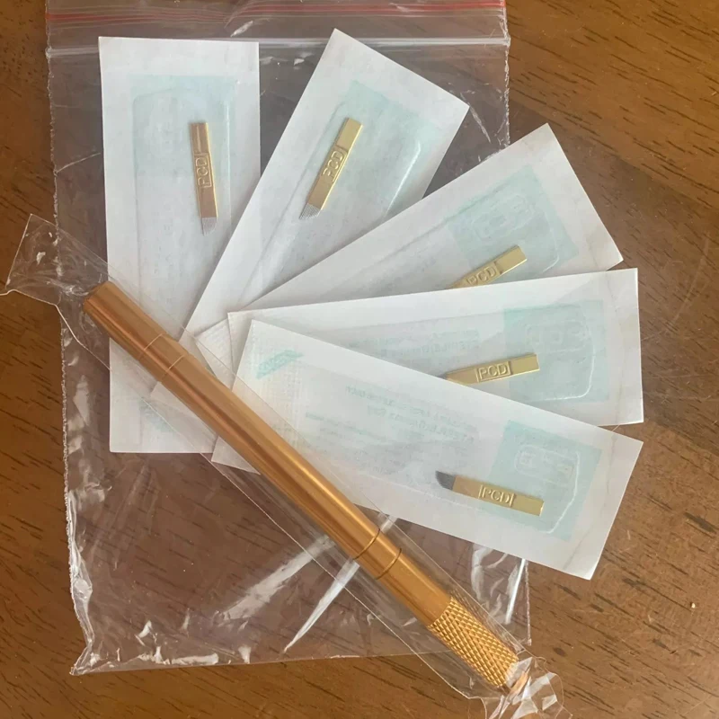 

Татуировочный набор золотого цвета Tebori 3D, ручная ручка для микроблейдинга татуировок + 5 игл с лезвиями 12 контактов, макияж, татуировка брове...