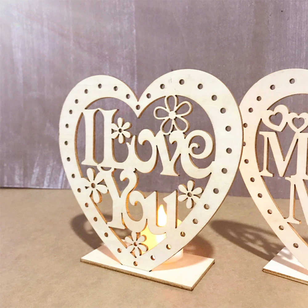 DIY деревянный Mr &amp Mrs сердце кулон с светодиодный свет свечи свадебные