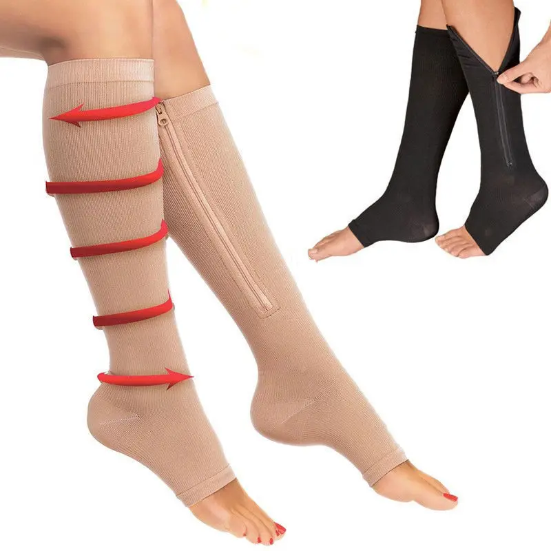 

Чулки компрессионные на молнии для мужчин и женщин, носки унисекс с поддержкой ног на молнии, до колена с открытым носком, Чулочные изделия