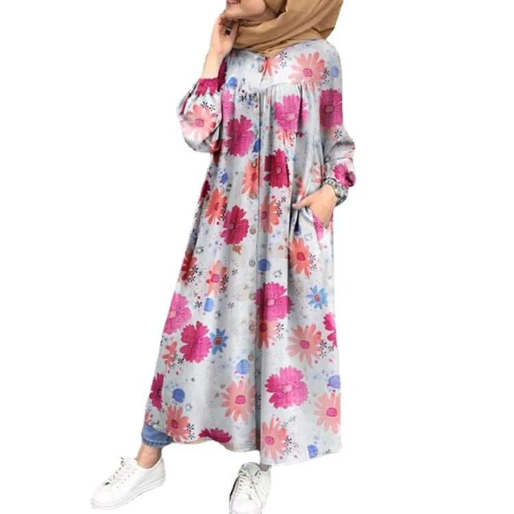 

Loose print commuter cardigan long dress