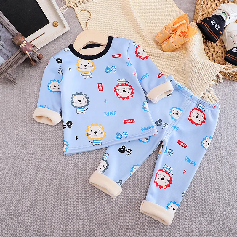 

Autumn and winter new children's cartoon warm clothing suit children's cartoon round neck cotton warm clothing two-piece suit