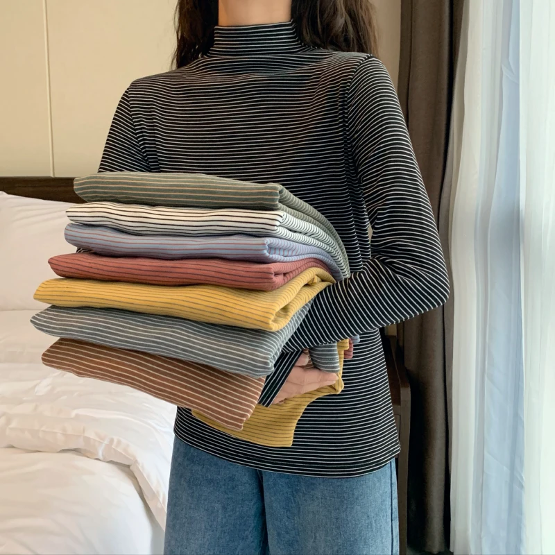 

Bottomshirt women inside the autumn/winter new Korean-trimmed trim striped plus velvet long-sleeved t-shirt Teenage girl women