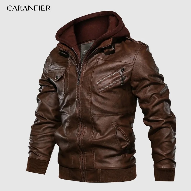 Мужские Байкерские Куртки из искусственной кожи CARANFIER классические зимние