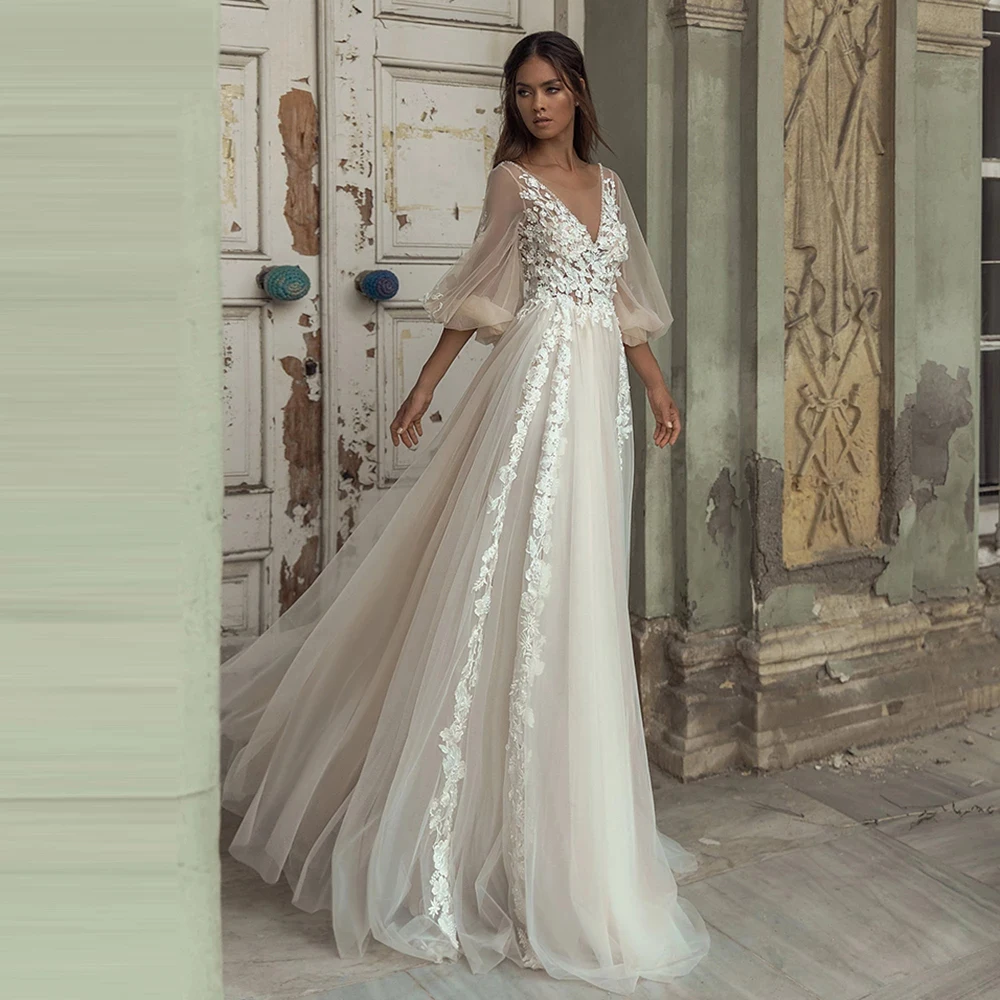 ChuYu Modest Pure Love Wedding Dresses Deep V Neck Lantern Appliques See Through Backless парные кольца