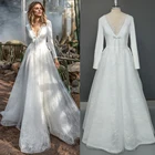 Реальные фотографии, атласные с длинным рукавом, стиль кантри, v-образный вырез, винтажные элегантные кружева шантильи, с открытой спиной, Гламурные свадебные платья