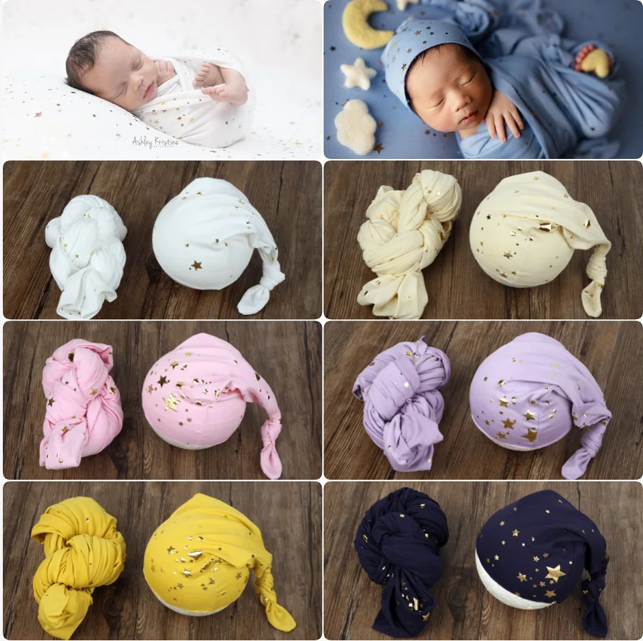 

2pcs/Set Newborn Baby Photography Props Clothing Hot Gold Stars Starry Soft Knitted Wraps Hats Studio Photo Shooting Accessories