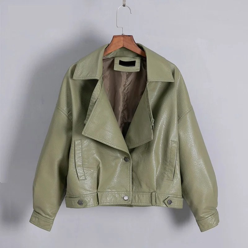 

New Women Vintage Faux Leather Jacket Loose Coat Single Breasted Motorcycle Biker Jackets Female Short Leather coat Outerwear