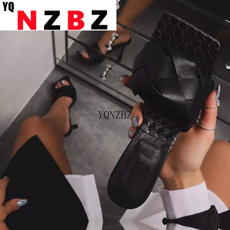 

YQNZBZ Fashion Weave PU Leather Womens Slipper Square toe High heels slippers sandal summer ladies slide Dress party shoes