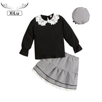 girls long sleeve knitted lace collar top plaid lace short skirt with hat three piece set toddler clothes kids clothes girls