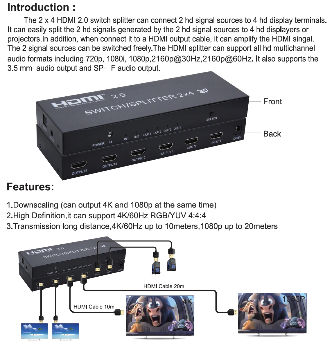 2x4 HDMI 2,0 переключатель разветвитель 4K HDMI коммутатор/разветвитель SPDIF аудио поддержка 4 K/60 Гц и возможность понижения вывода для 4K и 1080P