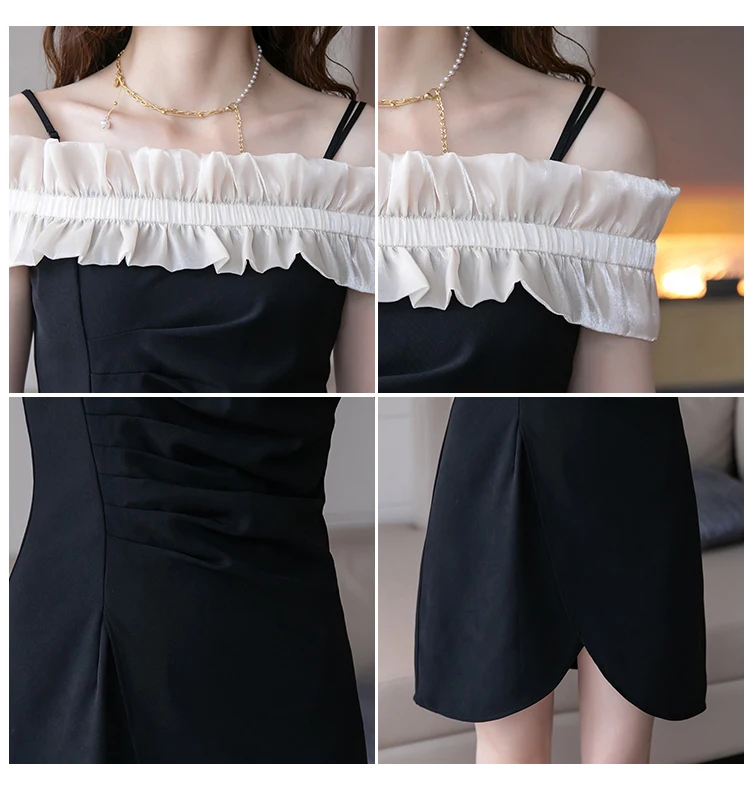 

Midi Dress Sexy Folds Solid Off-the-shoulder Dresses Women Summer 2021 Sexy one-word Collar Sleeveless Mid-length Dress 911J