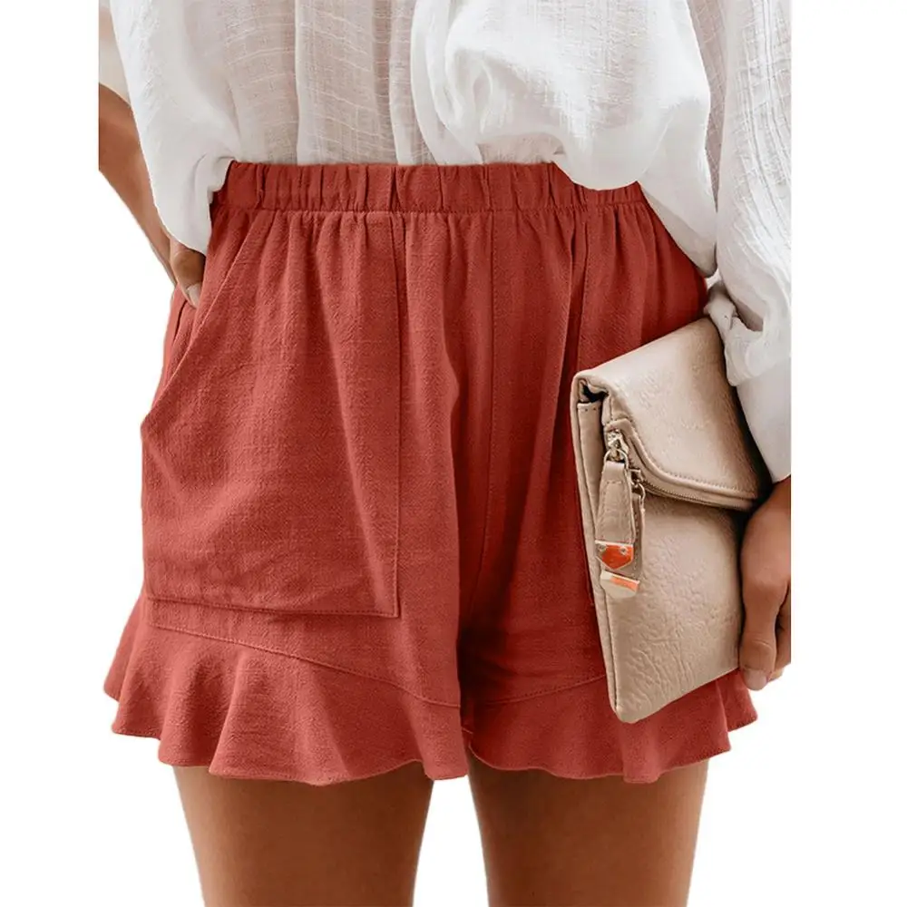 

Solid Color Shorts Women Elastic Waist Woman Shorts Summer Casual Short Women Ruffled Hem Loose Shorts Plus Size Femme Shorts