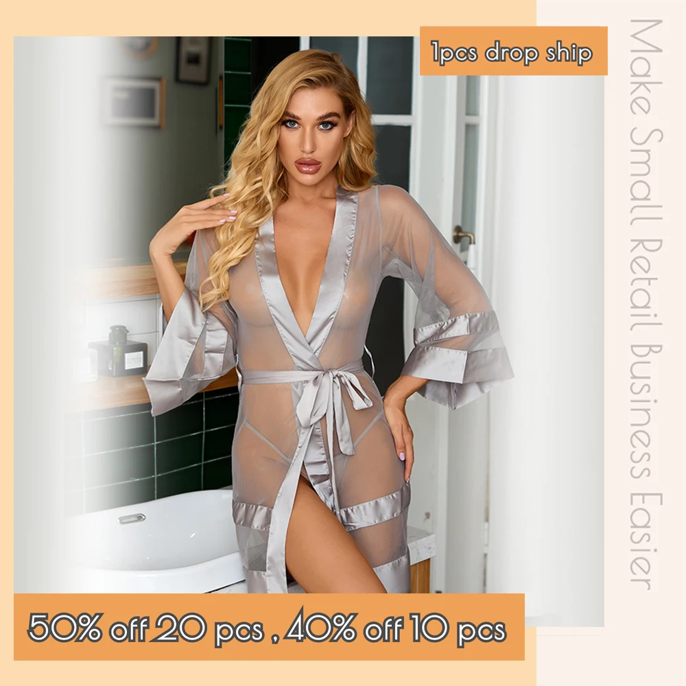 

Sexy Belted Robe Women Mesh Sleepwear Wholesale Wedding Nighty Gown CT6014