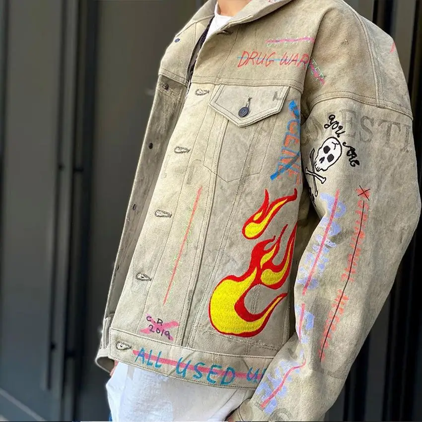 

Heavy Fabric Readymade Denim Jacket Men Women Flame Embroidery Retro Wash Jackets Coats clothing