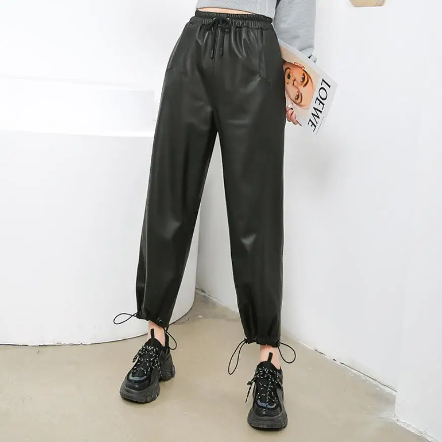 Real Leather Pants Ankle Length Elastic Waist Soft Genuine Sheep Leather Pants Female Was Thin Leather Pants With Pockets F2660