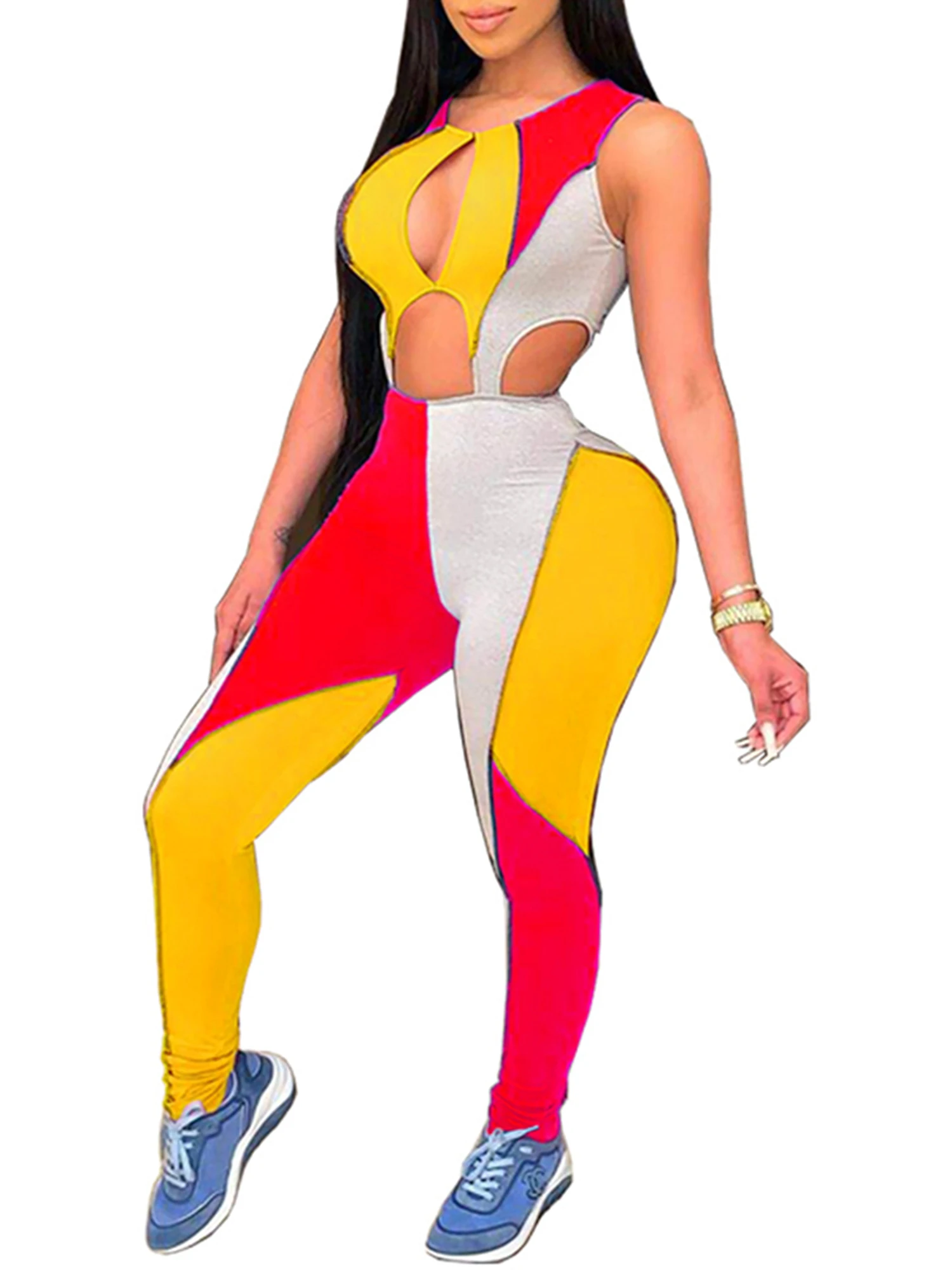 

Women Casual Close-fitting Jumpsuit, Sleeveless Round Collar Hollow Out One-piece, Pink/ Red