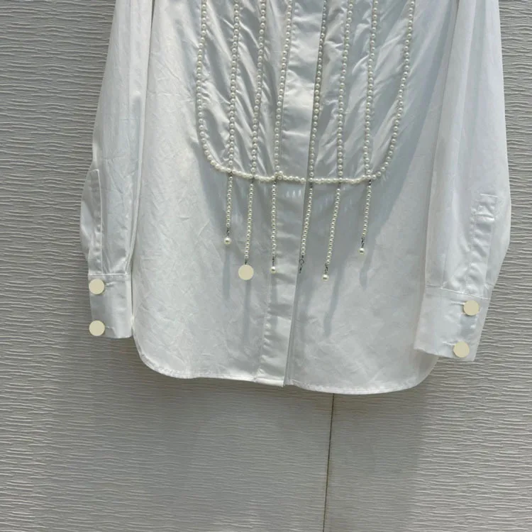 

2021 spring and summer women's new temperament simple wind pearl chain decoration straight long shirt
