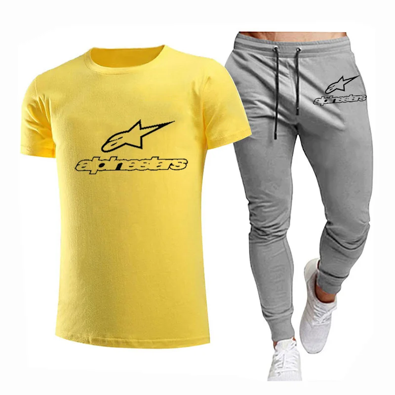 

2021Brand New Alpinestars Mans Tops Short Sleeve T-Shirt+Pants 2Piece Suit Cotton Mans Funny T-Shirts Summer Homme Clothes Suits