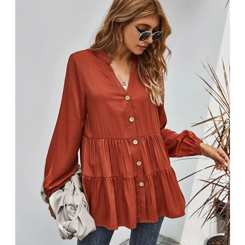 Women 2020 Spring New Long Sleeve Button autumn Blouses Female Fashion V-neck Solid Color Shirts Ladies Loose Casual Tops CL681