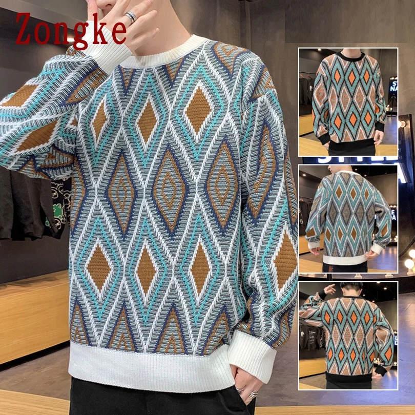 

Zongke Argyle Vintage Sweater Men Clothing 2021 Fashion Harajuku Sweaters Pullover Men Sweater Winter Clothes Men M-3XL