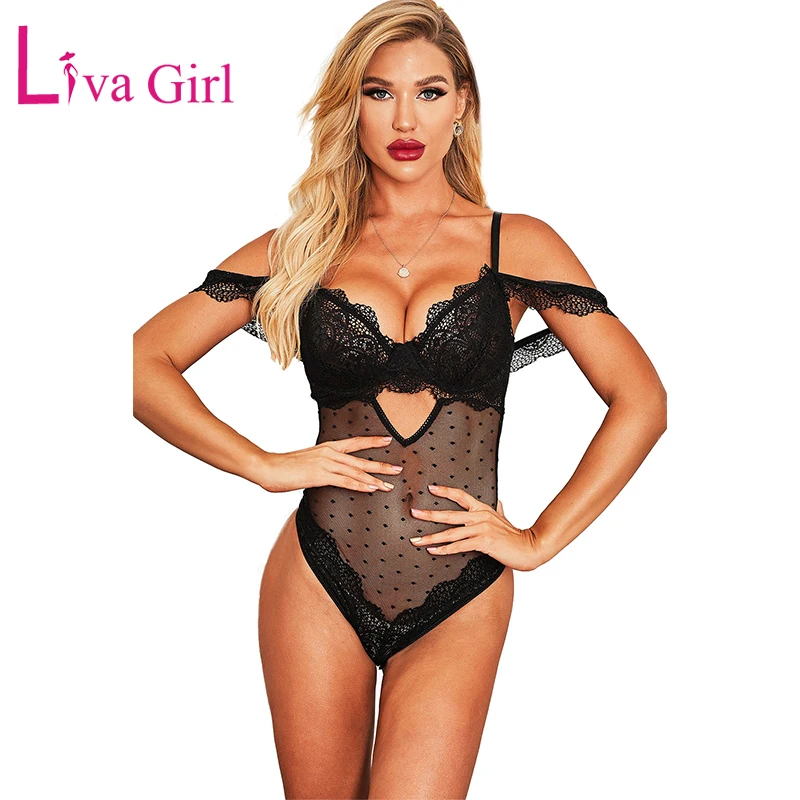 LIVA GIRL Black Lace Bodysuit for Woman Mesh Dotted Print Hollow Out Sheer Sexy Bodysuits Lingerie Female Off Shoulder Body Tops |