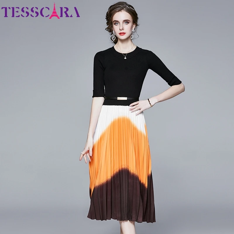 TESSCARA женское осеннее элегантное плиссированное платье Festa Высокое качество