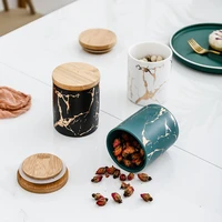 marbled ceramic storage jar with wooden lid gold plated cylindrical sealed tea canister candy coffee bean storage bottle decor