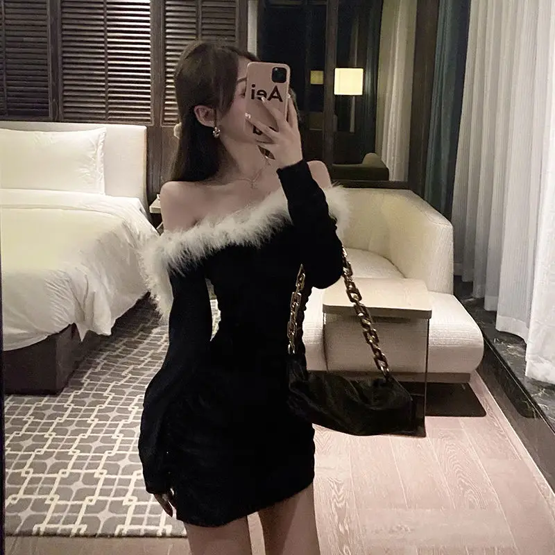 

Spring Sexy&club Slash Neck Mini Party Dress Dress For Women Clothes Slim Elegant Robe Solid Black Bodycon Casual Dresses Female