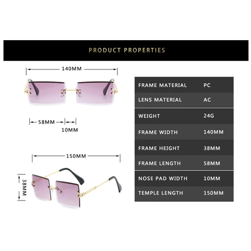 

Rectangle Vintage Sunglasses Women 2021 Fashion Designer Rimless Glasses Ladies Frameless Eyeglasses Zonnebril Dames