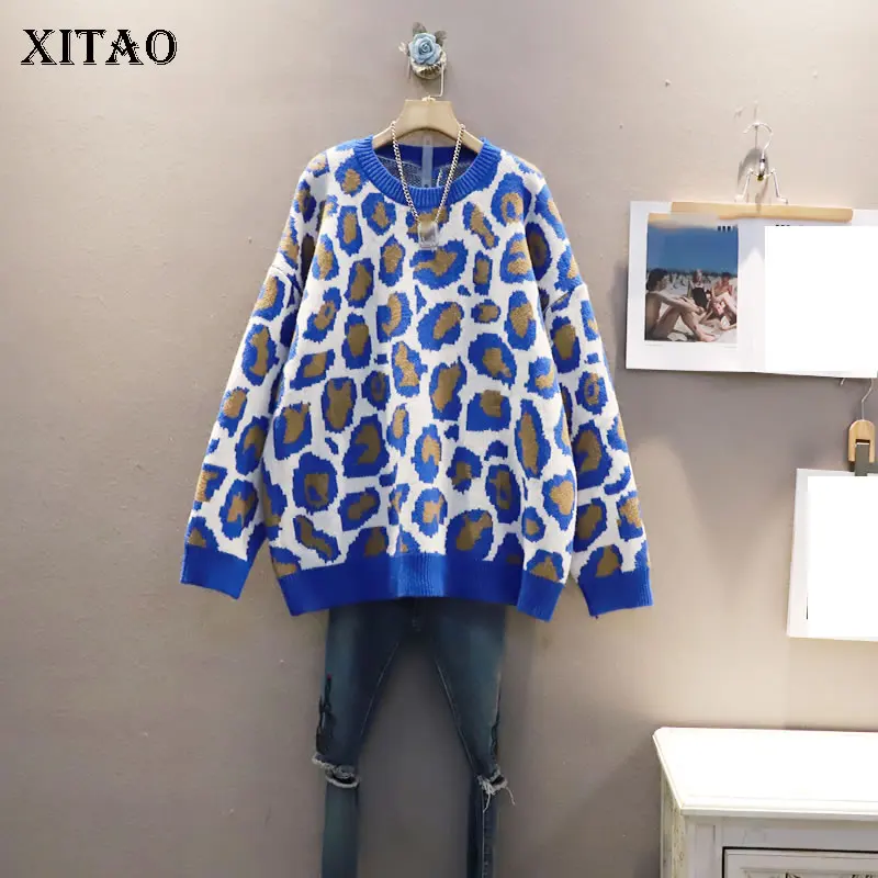 

XITAO Pullover Sweater O-neck Large Size Loose Women Knitting Contrast Color Leopard Temperament Fashion Autumn Winter GWJ1623