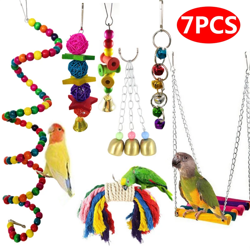 

7pcs/set bird toys Foraging bath parrot swing Chewing toy stainless steel bird bell for parrots Parrot supplies Kit