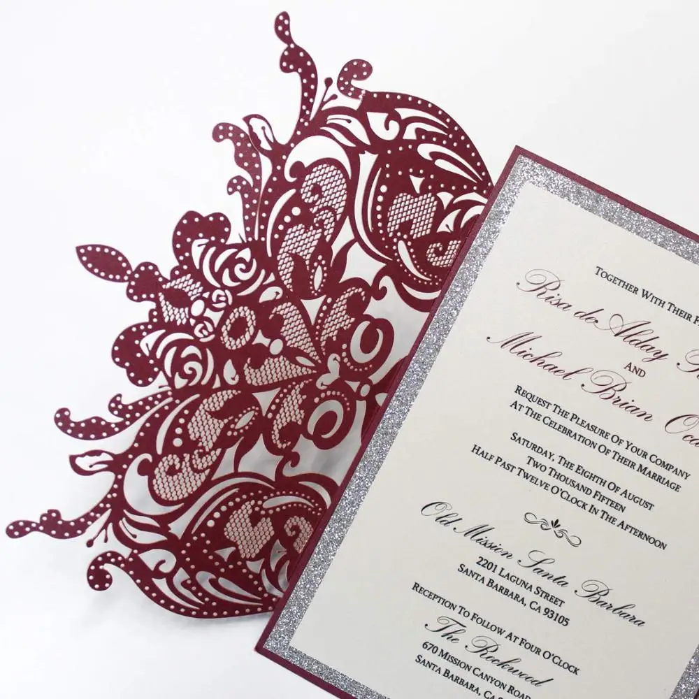 

Picky Bride Luxury Burgundy Laser Cut Wedding Invitations with Ribbon Bow and Envelopes, Silver Glitter Invite Cards - set of 50