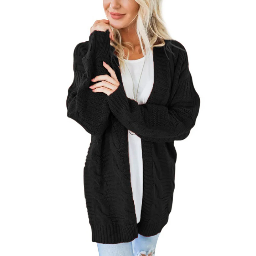 

Women Elegant Solid Twist Knitted Cardigan Long Sleeve Mid Length Loose Casual Tops Fashion Spring&Autumn Female Outwear