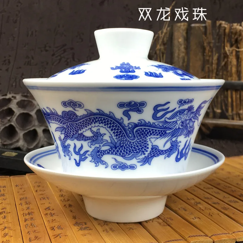 Dragon Фарфоровая чаша Gaiwan Jingdezhen, 200 мл, покрытая синим и белым фарфором, миска Sancai, набор китайских чайных чашек и блюдца, чайная супница - Цвет: Dragon